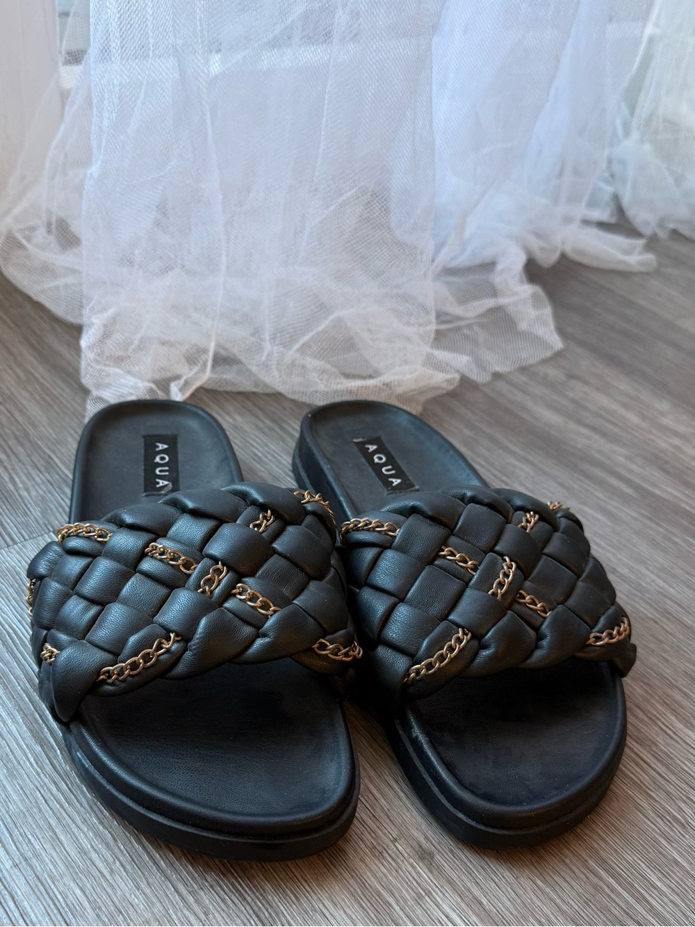 Aqua Black Braided Slide Sandals with Gold Chain Trim Tee Shirt included {small}